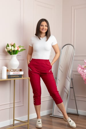 Pantaloni - Pantaloni dama 3/4 Jenny grena cu talie elastica si fermoare decorative