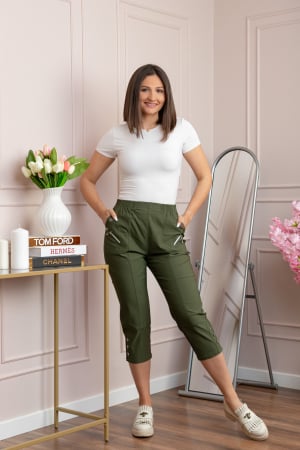 Pantaloni - Pantaloni dama 3/4 Jenny kaki cu talie elastica si fermoare decorative