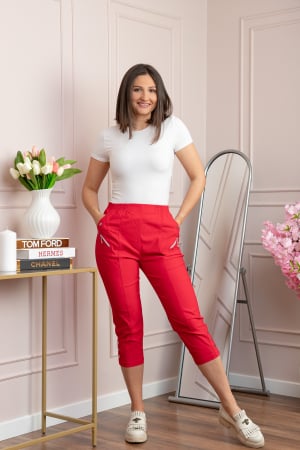 Pantaloni - Pantaloni dama 3/4 Jenny rosii cu talie elastica si fermoare decorative