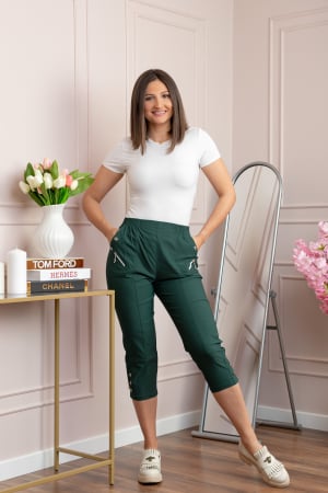 Pantaloni - Pantaloni dama 3/4 Jenny verzi cu talie elastica si fermoare decorative