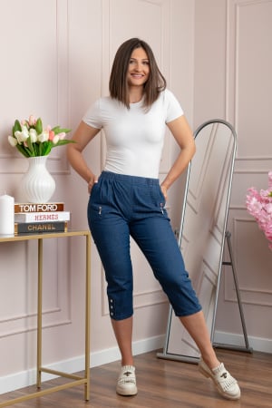 Pantaloni - Pantaloni dama 3/4 Milly albastri tip denim cu talie elastica si buzunare