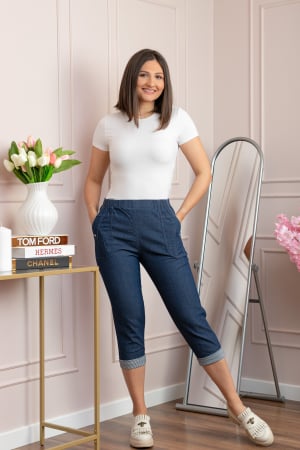 Pantaloni - Pantaloni dama 3/4 Patty albastri tip denim cu manseta reglabila si talie elastica