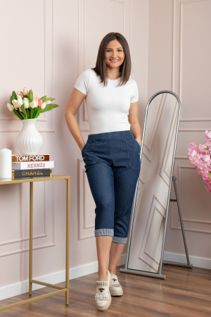 Pantaloni dama 3/4 Patty albastri tip denim cu manseta reglabila si talie elastica [3]