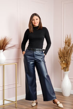 Pantaloni - Pantaloni dama bleumarin din piele ecologica cu croi larg Renee