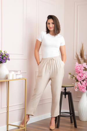 Pantaloni dama casual Miranda cu snur in talie - Crem [2]