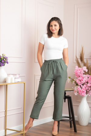 Pantaloni dama casual Miranda cu snur in talie - Kaki [2]