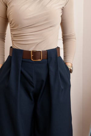 Pantaloni dama Judith bleumarin cu croi larg si talie inalta cu curea [1]