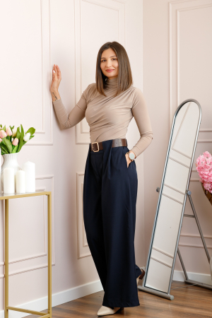 Pantaloni dama Judith bleumarin cu croi larg si talie inalta cu curea [3]