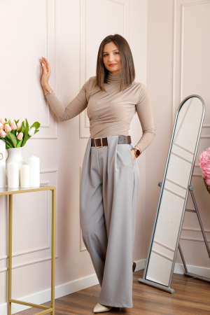 Pantaloni dama Judith gri cu croi larg si talie inalta cu curea [3]