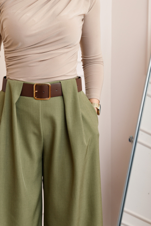 Pantaloni dama Judith kaki cu croi larg si talie inalta cu curea [1]