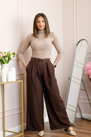 Pantaloni dama Judith maro cu croi larg si talie inalta cu curea [0]