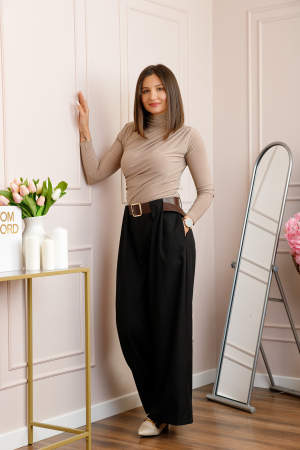Pantaloni dama Judith negri cu croi larg si talie inalta cu curea [3]
