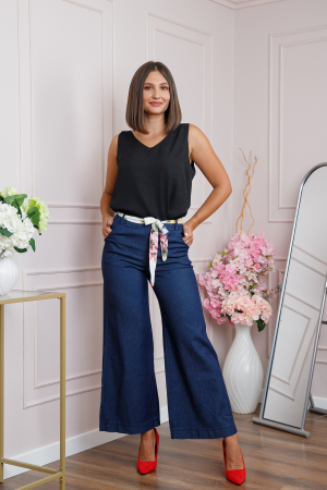 Pantaloni evazati din denim cu cordon floral [0]