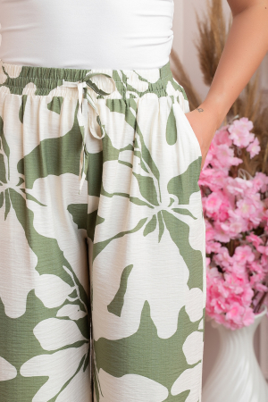 Pantaloni palazzo Camilla cu imprimeu floral maxi kaki-ivoire [1]