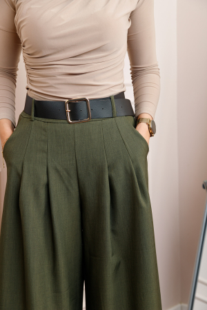 Pantaloni palazzo kaki cu talie elastica si curea reglabila Savannah [1]
