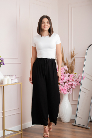 Pantaloni palazzo Nicole cu snur in talie - Negru [2]