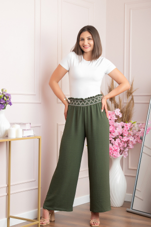 Pantaloni palazzo Norah cu talie inalta si broderie zig-zag - Kaki [2]