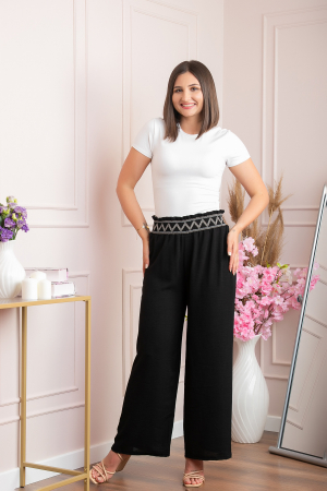 Pantaloni palazzo Norah cu talie inalta si broderie zig-zag - Negru [2]