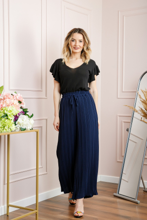 Pantaloni - Pantaloni plisati bleumarin cu elastic in talie