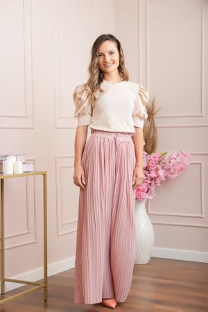 Pantaloni plisati Coraline din voal cu talie elastica - Roz pudrat [2]
