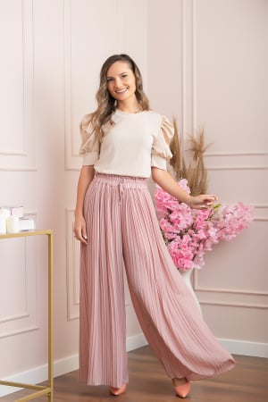 Pantaloni plisati Coraline din voal cu talie elastica - Roz pudrat [3]