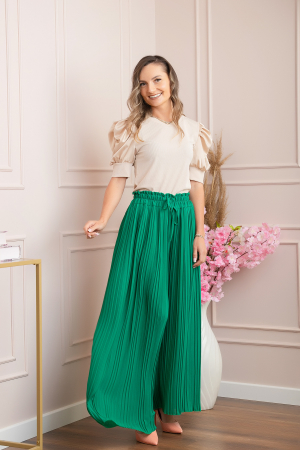 Pantaloni plisati Coraline din voal cu talie elastica - Verde [3]
