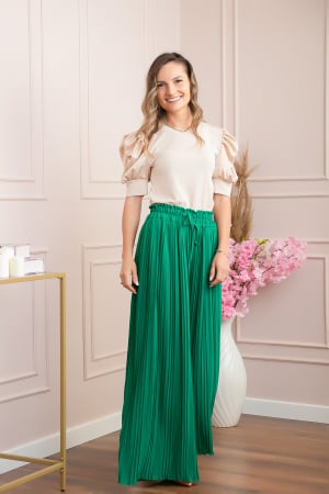 Pantaloni plisati Coraline din voal cu talie elastica - Verde [2]
