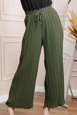 Pantaloni plisati kaki cu elastic in talie [2]