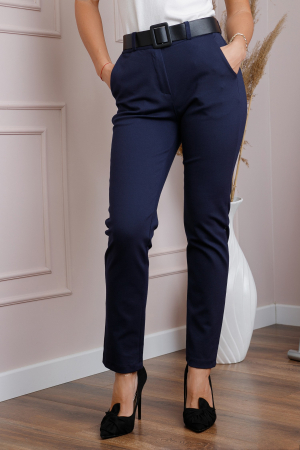 Pantaloni slim bleumarin cu talie inalta si curea lata [2]