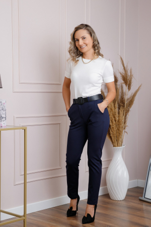 Pantaloni slim bleumarin cu talie inalta si curea lata [3]