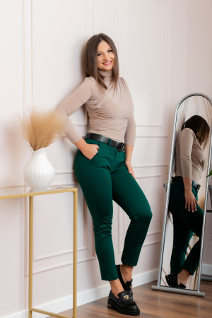Pantaloni - Pantaloni slim verzi cu talie inalta si curea lata