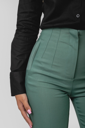 Pantaloni verde petrol cu talie inalta si cusaturi decorative [1]