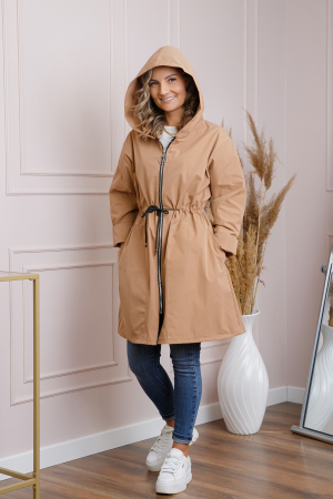 Paltoane si geci - Pardesiu casual camel cu talie ajustabila si gluga