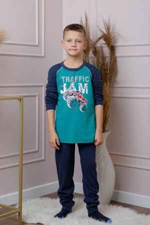 Pijamale - Pijama baieti Oliver din bumbac turcoaz cu imprimeu monster truck