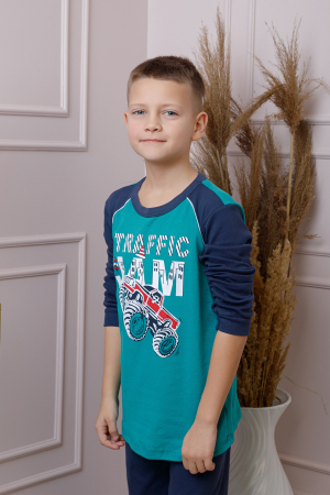 Pijama baieti Oliver din bumbac turcoaz cu imprimeu monster truck [2]