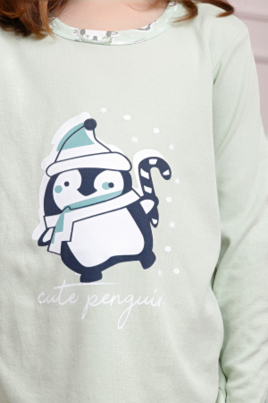 Pijama fetite Ellie din bumbac verde pastel cu imprimeu cu pinguini [2]