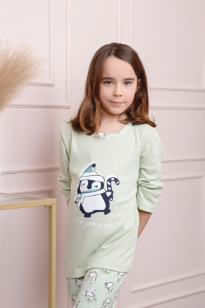 Pijama fetite Ellie din bumbac verde pastel cu imprimeu cu pinguini [1]