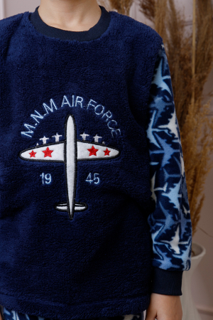 Pijama baieti Teddy din fleece bleumarin cu model avioane [1]