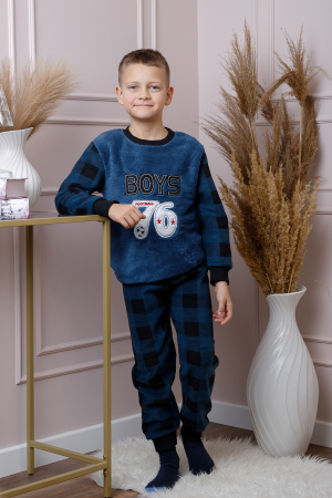 Pijamale Baieti - Pijama baieti Teddy din fleece bleumarin cu model fotbal