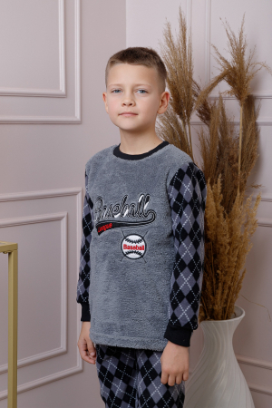 Pijama baieti Teddy din fleece gri cu model baseball [2]
