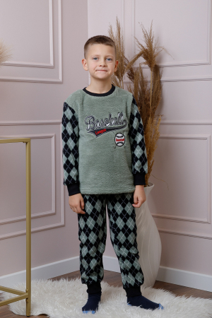 Pijama baieti Teddy din fleece verde cu model baseball [3]