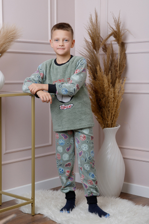 Pijamale Baieti - Pijama baieti Teddy din fleece verde cu model fotbal
