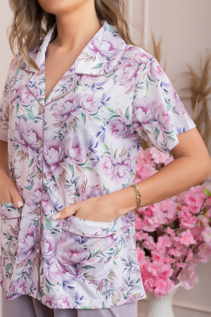 Pijama dama Blossom cu maneci scurte si imprimeu floral lila [1]