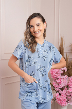 Pijama dama Lena cu imprimeu floral albastru si buzunar [2]