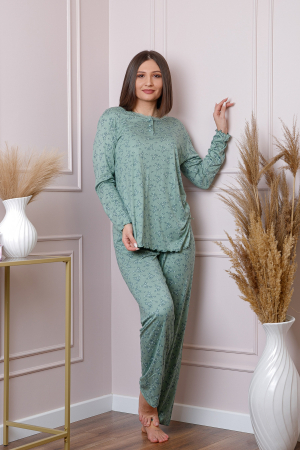 Pijamale Dama Marimi Mari - Pijama dama Lisa plus size din bumbac verde cu imprimeu floral