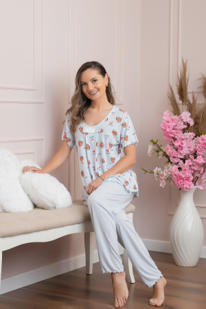 Pijamale Dama - Pijama dama Lolly cu maneci scurte si imprimeu inimioare - Bleu