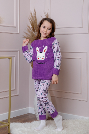 Pijamale Fetite - Pijama fetite Daisy din fleece mov cu model cu iepurasi