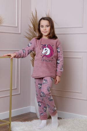 Pijamale Fetite - Pijama fetite Daisy din fleece roz prafuit cu model cu unicorni