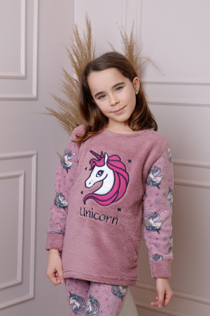 Pijama fetite Daisy din fleece roz prafuit cu model cu unicorni [2]