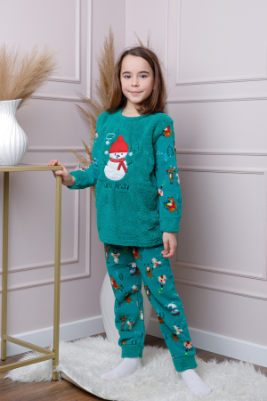 Pijamale Fetite - Pijama fetite Daisy din fleece turcoaz cu model cu om de zapada